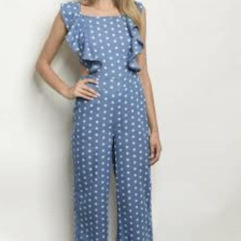 Denim Ruffled Strappy Back Polka Dot Jumpsuit